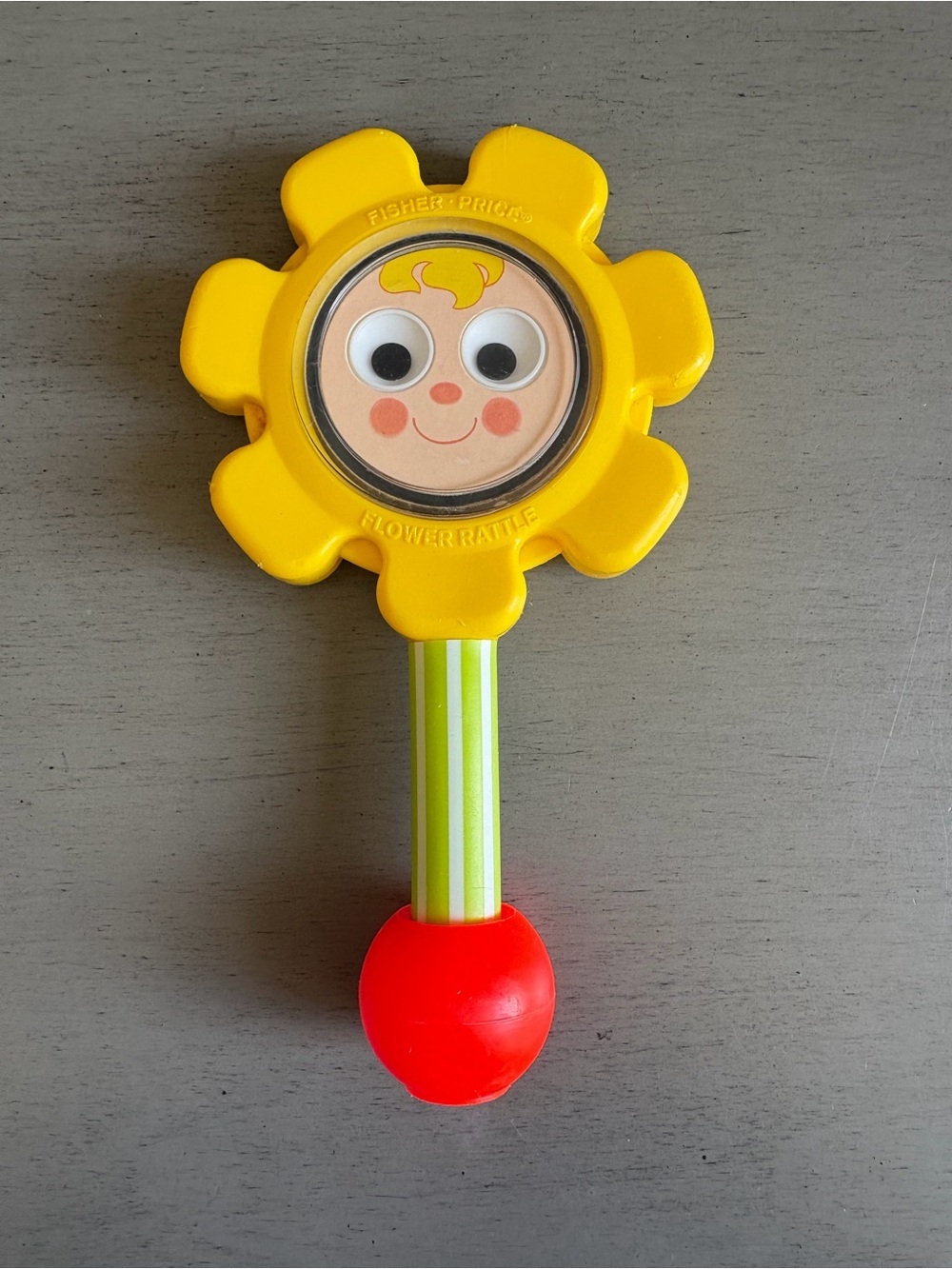 VTG Fisher-Price Yellow Flower Rattle Smile Google Eyes Face Mirror Baby Toy 70s